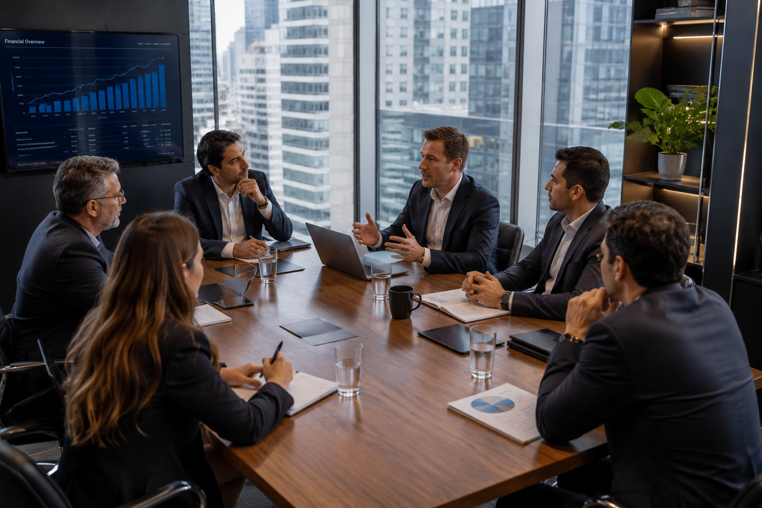 Equipe de executivos reunidos analisando relatórios de negócios